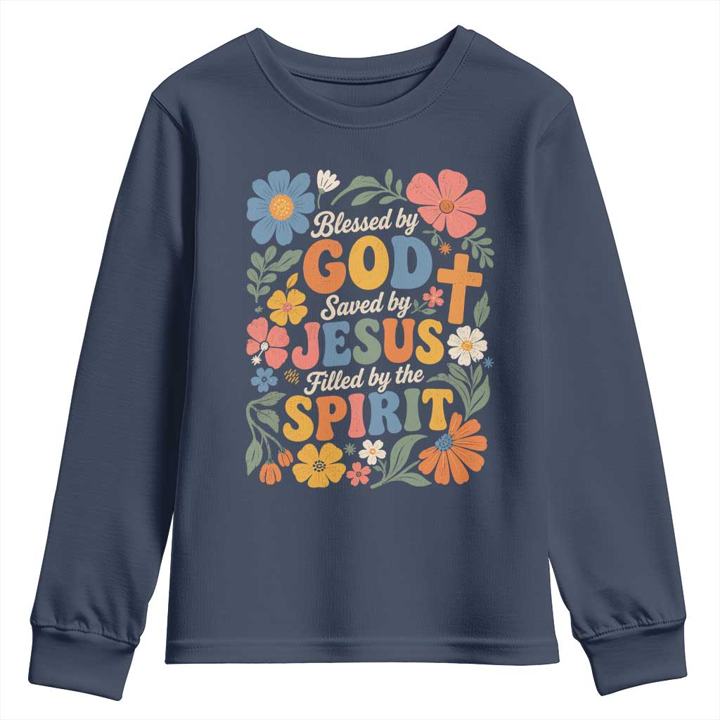 Boho Floral Christian Youth Sweatshirt Blessed Saved By Jesus Cross Flower TS10 Navy Print Your Wear