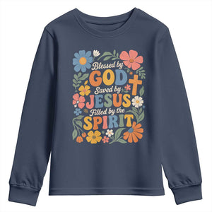 Boho Floral Christian Youth Sweatshirt Blessed Saved By Jesus Cross Flower TS10 Navy Print Your Wear