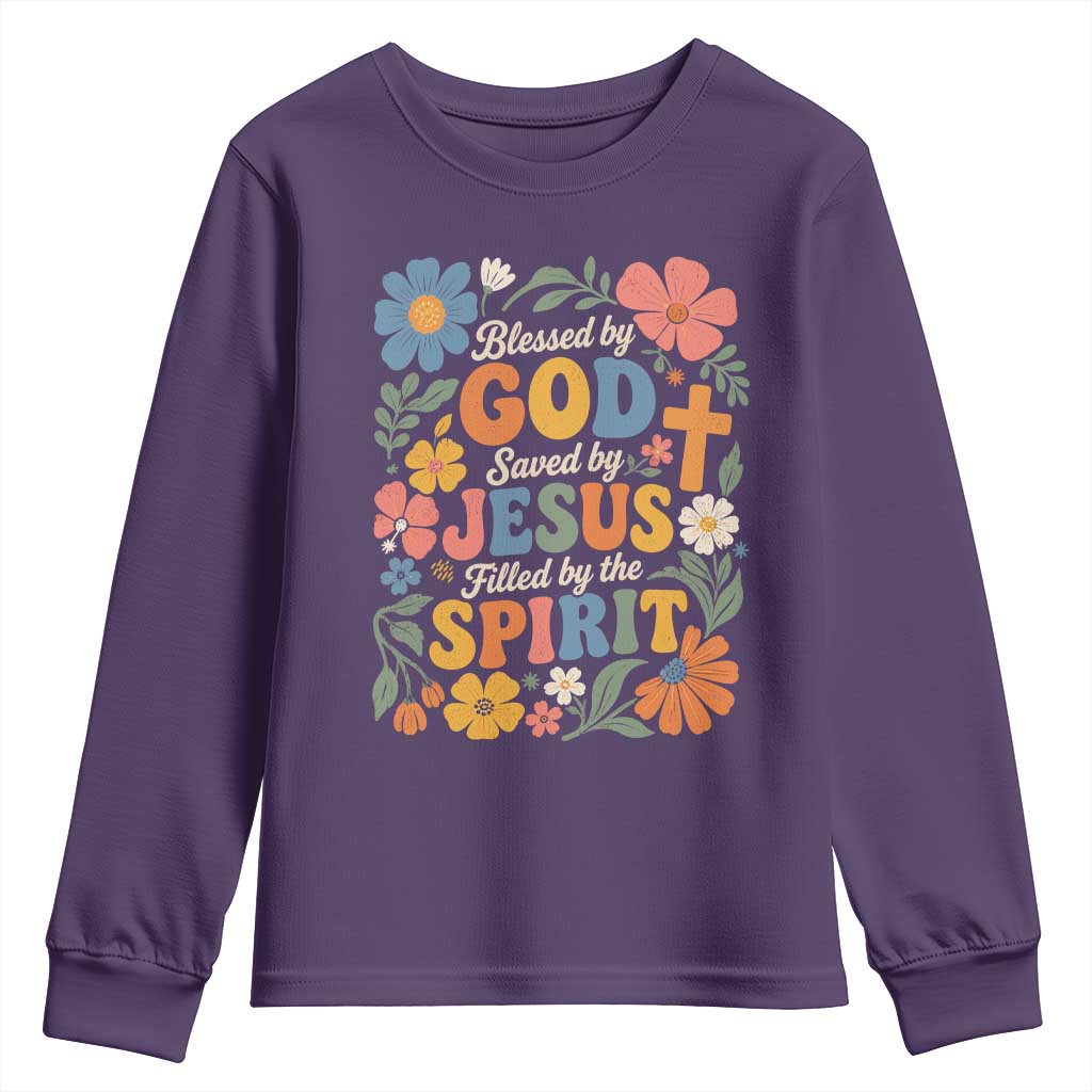 Boho Floral Christian Youth Sweatshirt Blessed Saved By Jesus Cross Flower TS10 Purple Print Your Wear