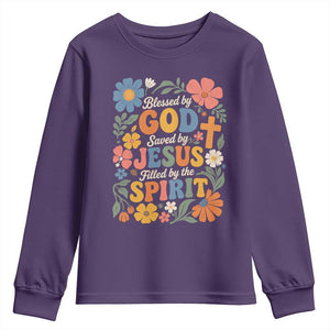 Boho Floral Christian Youth Sweatshirt Blessed Saved By Jesus Cross Flower TS10 Purple Print Your Wear