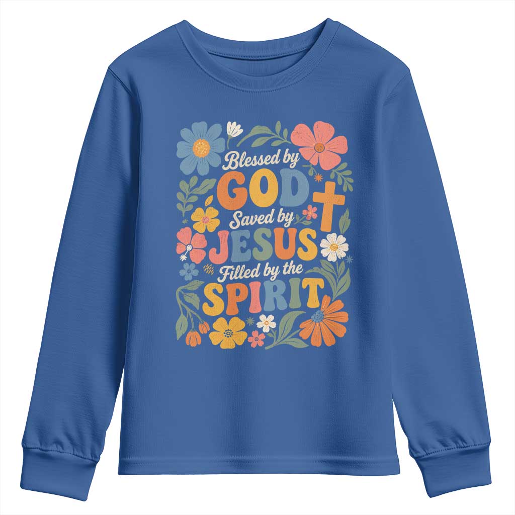 Boho Floral Christian Youth Sweatshirt Blessed Saved By Jesus Cross Flower TS10 Royal Blue Print Your Wear