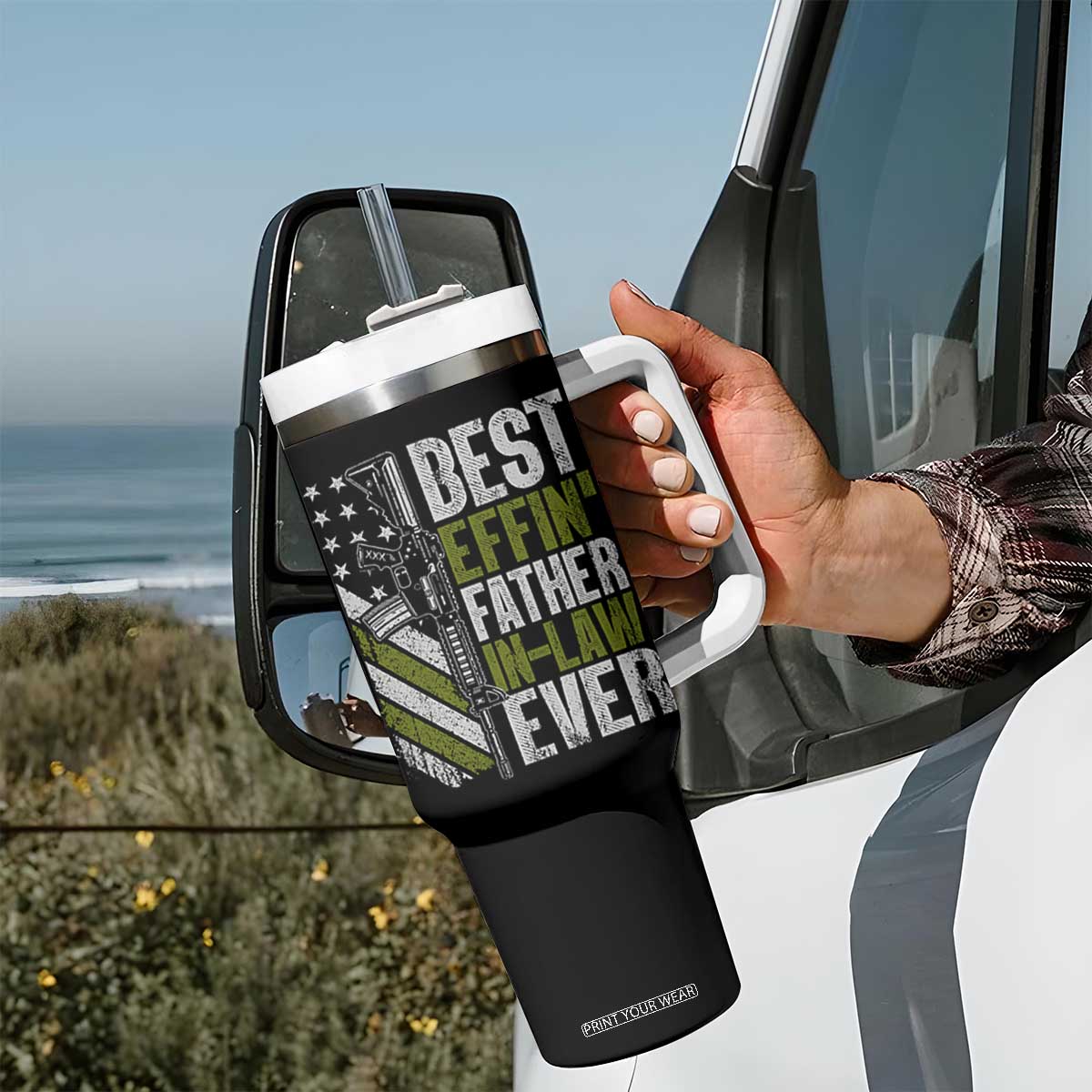 Best Effin’ Father In Law Ever Tumbler With Handle FIL Gun American Flag TS10 Print Your Wear