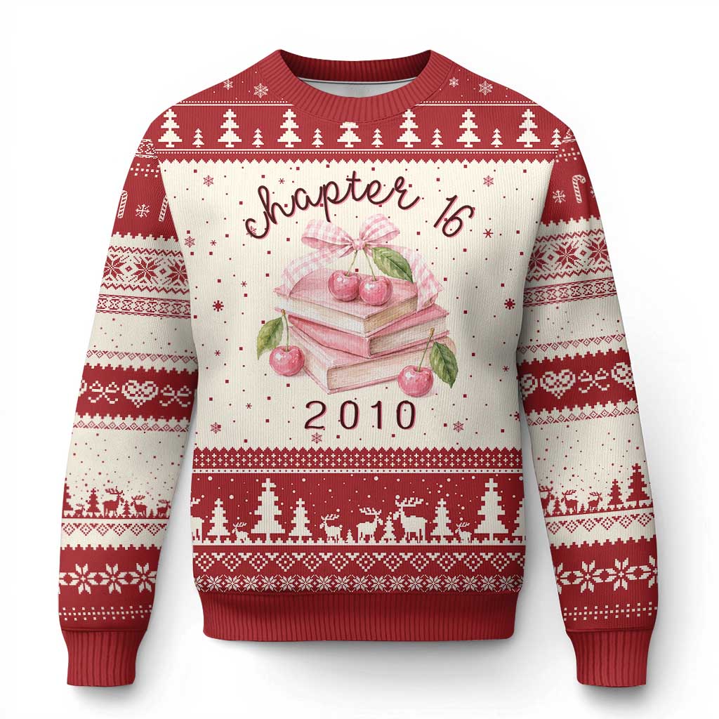 Sweet Chapter 16 Birthday Ugly Christmas Sweater Cherry Books 16th Birthday Gifts For Her Book Lover TS10 Beige Red Print Your Wear