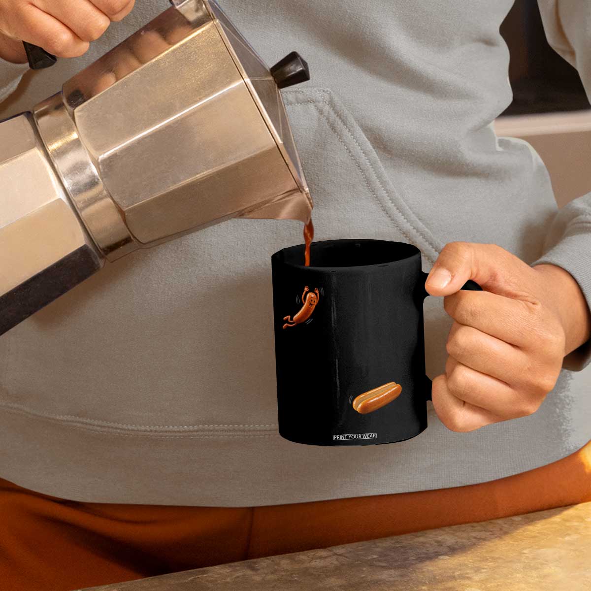 Funny Hot Dog Coffee Mug Hotdog Jumping Into Bun Sausage BBQ Grilling High Dive TS10 Print Your Wear
