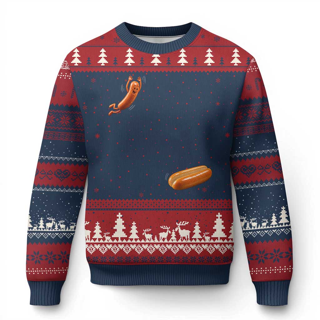 Funny Hot Dog Ugly Christmas Sweater Hotdog Jumping Into Bun Sausage BBQ Grilling High Dive TS10 Navy Red Print Your Wear