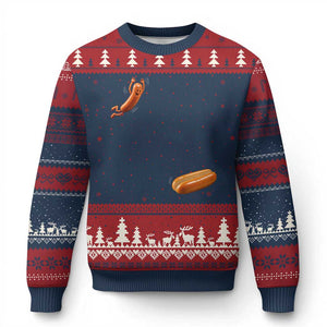 Funny Hot Dog Ugly Christmas Sweater Hotdog Jumping Into Bun Sausage BBQ Grilling High Dive TS10 Navy Red Print Your Wear