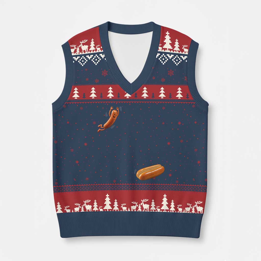 Funny Hot Dog V-Neck Knit Sweater Vest Hotdog Jumping Into Bun Sausage BBQ Grilling High Dive TS10 Navy Red Print Your Wear