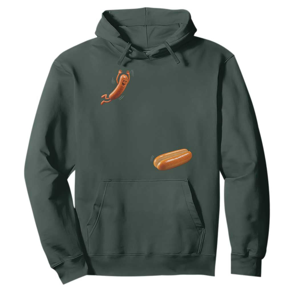 Funny Hot Dog Hoodie Hotdog Jumping Into Bun Sausage BBQ Grilling High Dive TS10 Dark Forest Green Print Your Wear