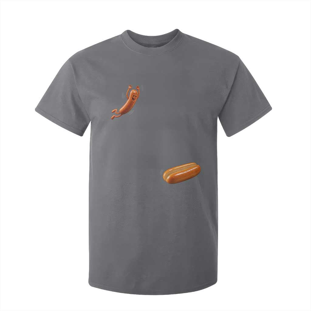 Funny Hot Dog T Shirt For Kid Hotdog Jumping Into Bun Sausage BBQ Grilling High Dive TS10 Charcoal Print Your Wear