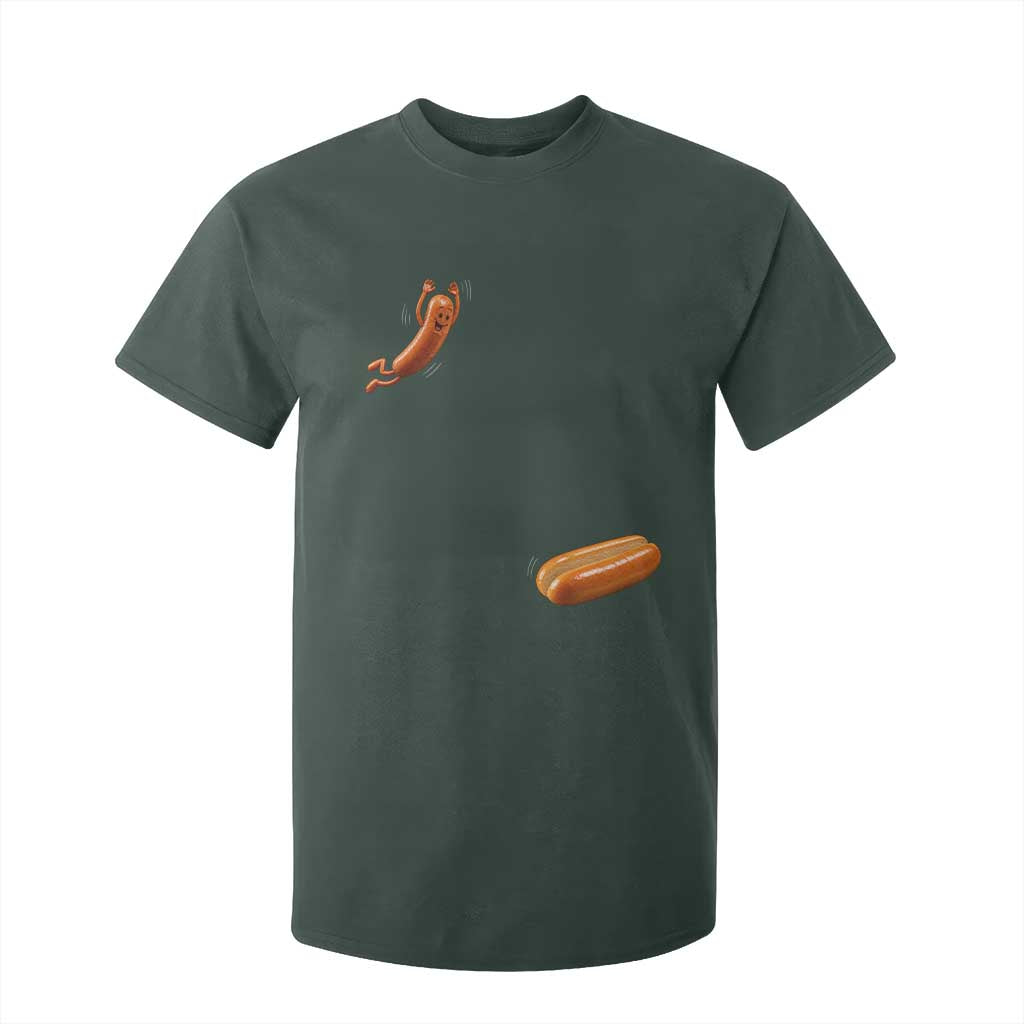 Funny Hot Dog T Shirt For Kid Hotdog Jumping Into Bun Sausage BBQ Grilling High Dive TS10 Dark Forest Green Print Your Wear