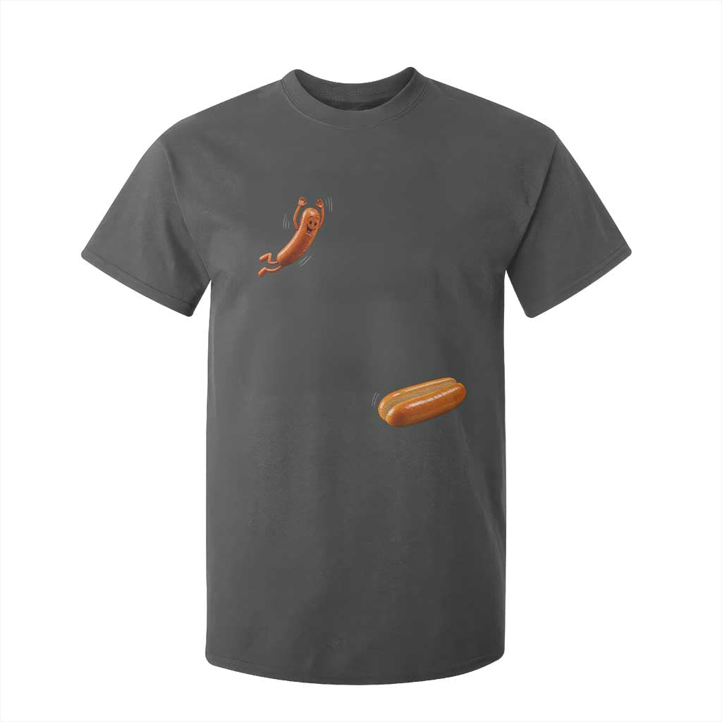 Funny Hot Dog T Shirt For Kid Hotdog Jumping Into Bun Sausage BBQ Grilling High Dive TS10 Dark Heather Print Your Wear