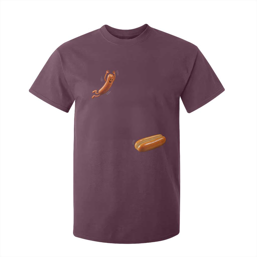 Funny Hot Dog T Shirt For Kid Hotdog Jumping Into Bun Sausage BBQ Grilling High Dive TS10 Maroon Print Your Wear