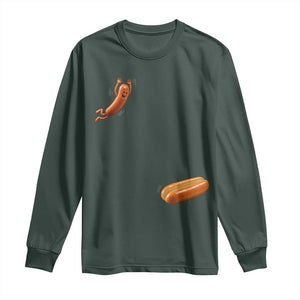 Funny Hot Dog Long Sleeve Shirt Hotdog Jumping Into Bun Sausage BBQ Grilling High Dive TS10 Dark Forest Green Print Your Wear
