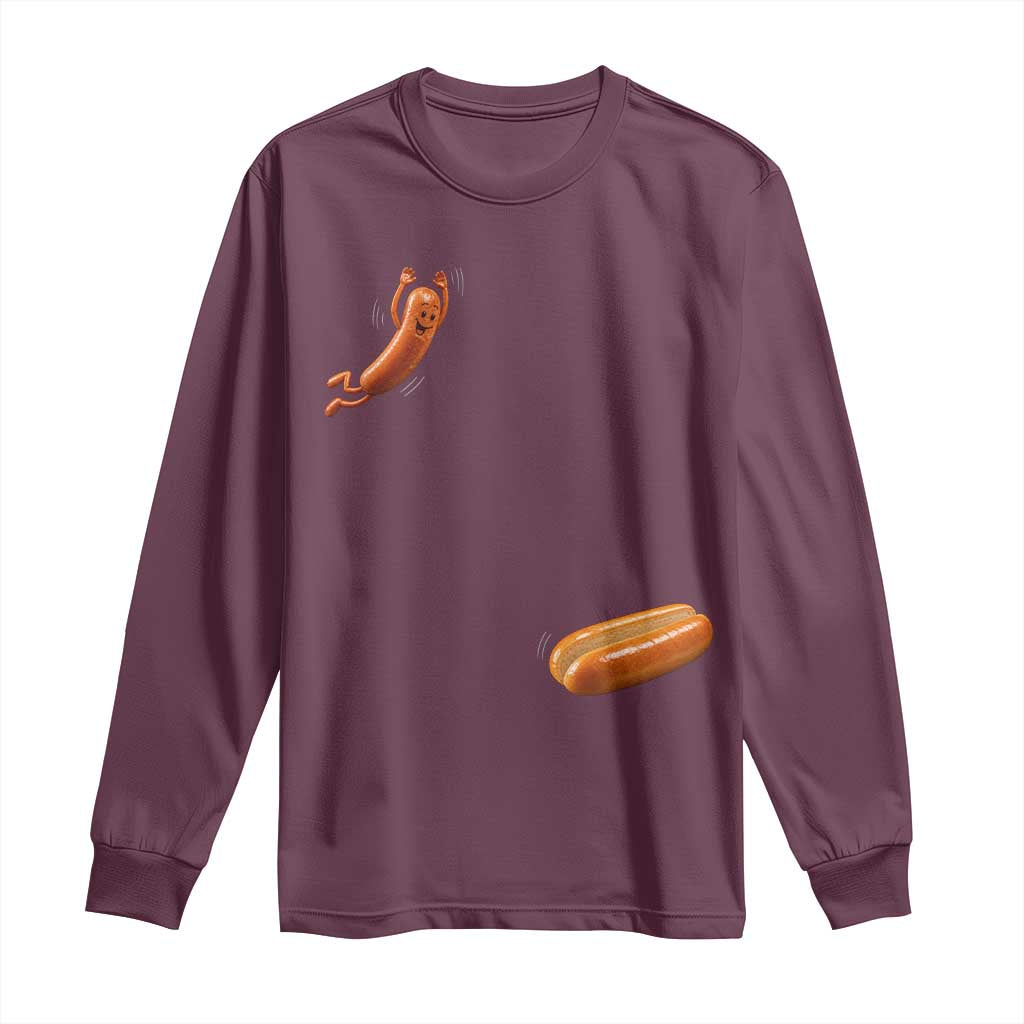 Funny Hot Dog Long Sleeve Shirt Hotdog Jumping Into Bun Sausage BBQ Grilling High Dive TS10 Maroon Print Your Wear