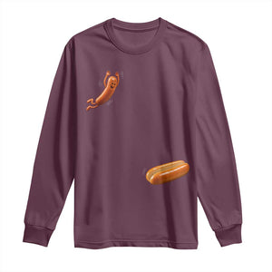 Funny Hot Dog Long Sleeve Shirt Hotdog Jumping Into Bun Sausage BBQ Grilling High Dive TS10 Maroon Print Your Wear