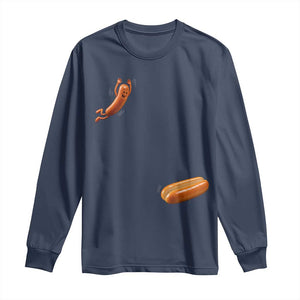 Funny Hot Dog Long Sleeve Shirt Hotdog Jumping Into Bun Sausage BBQ Grilling High Dive TS10 Navy Print Your Wear