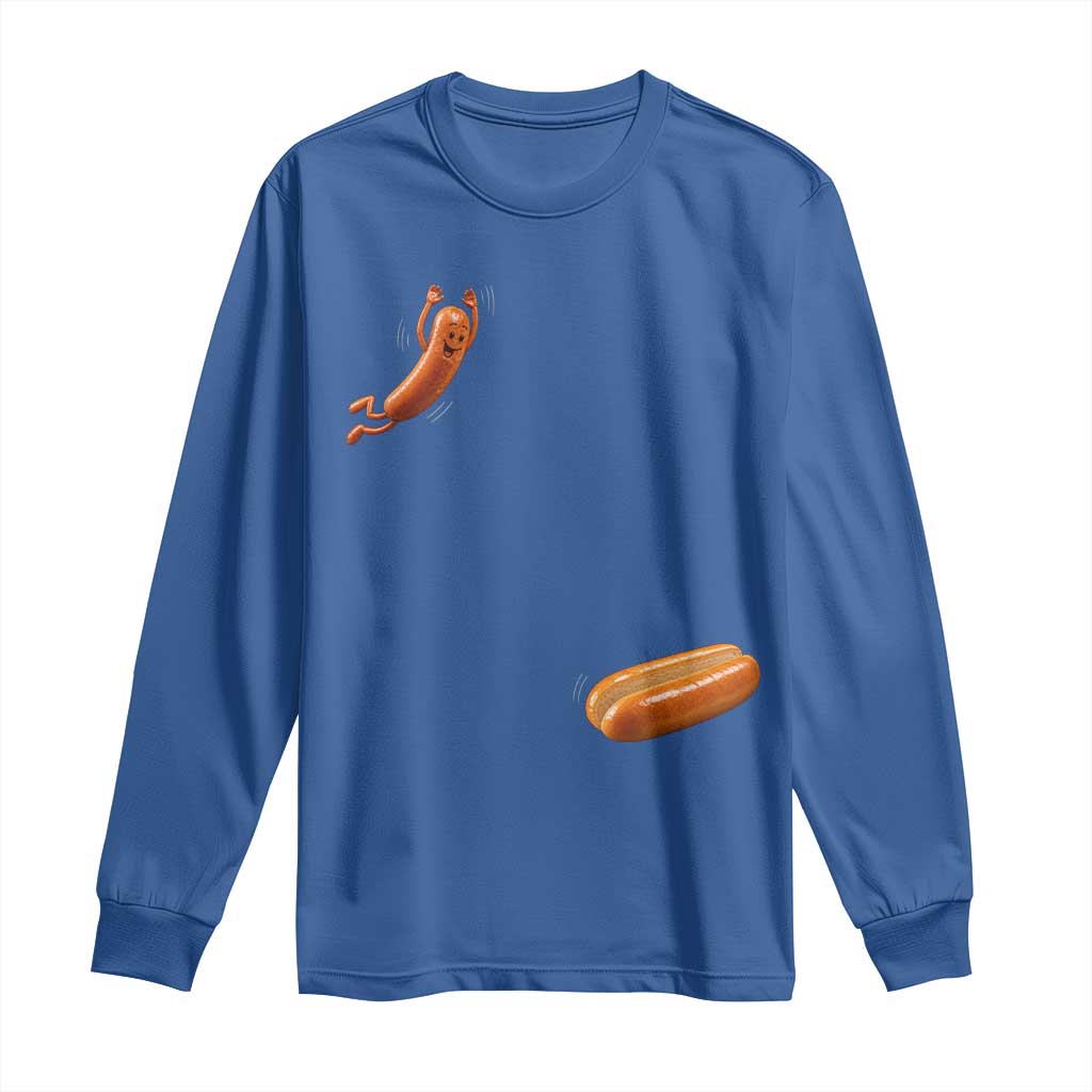 Funny Hot Dog Long Sleeve Shirt Hotdog Jumping Into Bun Sausage BBQ Grilling High Dive TS10 Royal Blue Print Your Wear