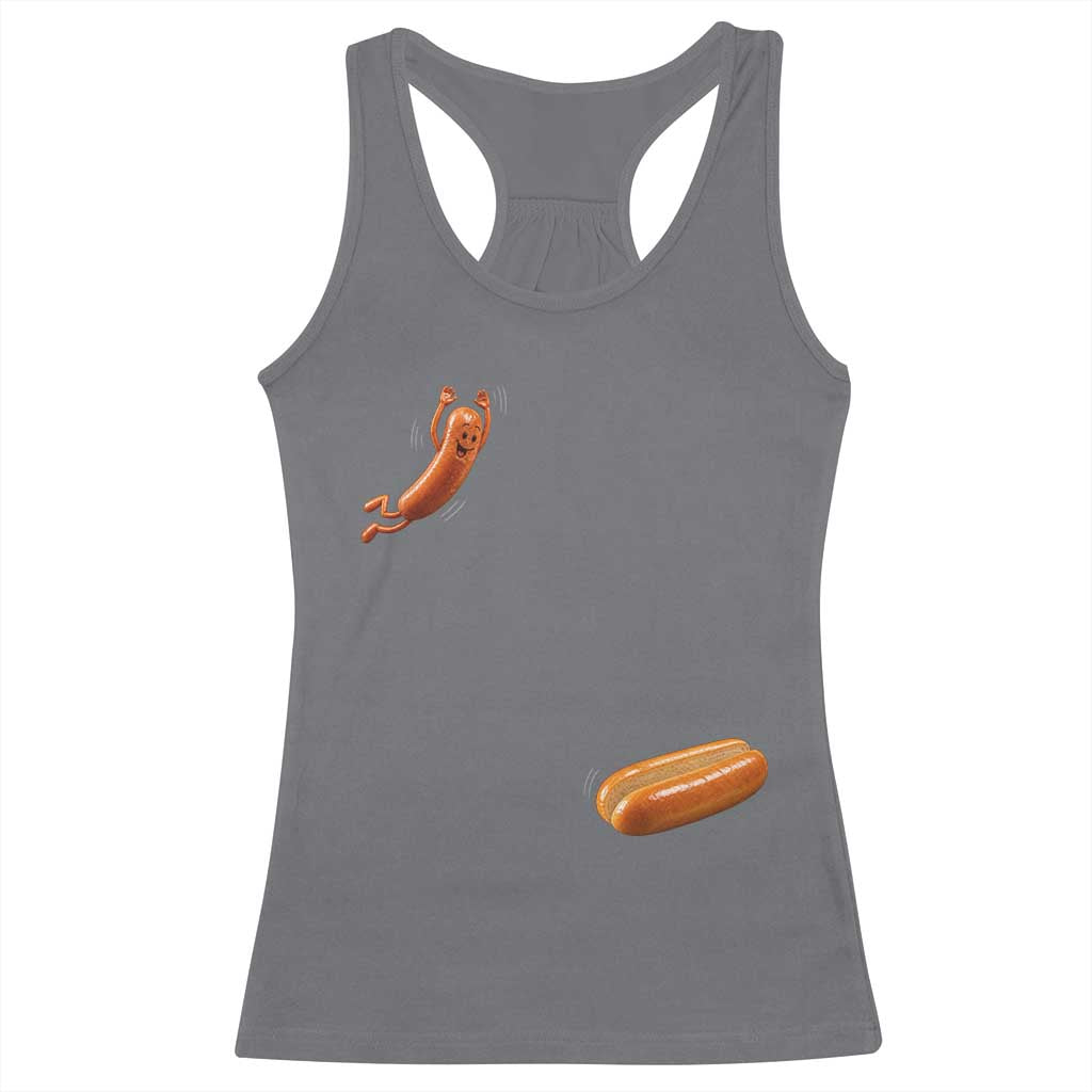 Funny Hot Dog Racerback Tank Top Hotdog Jumping Into Bun Sausage BBQ Grilling High Dive TS10 Charcoal Print Your Wear
