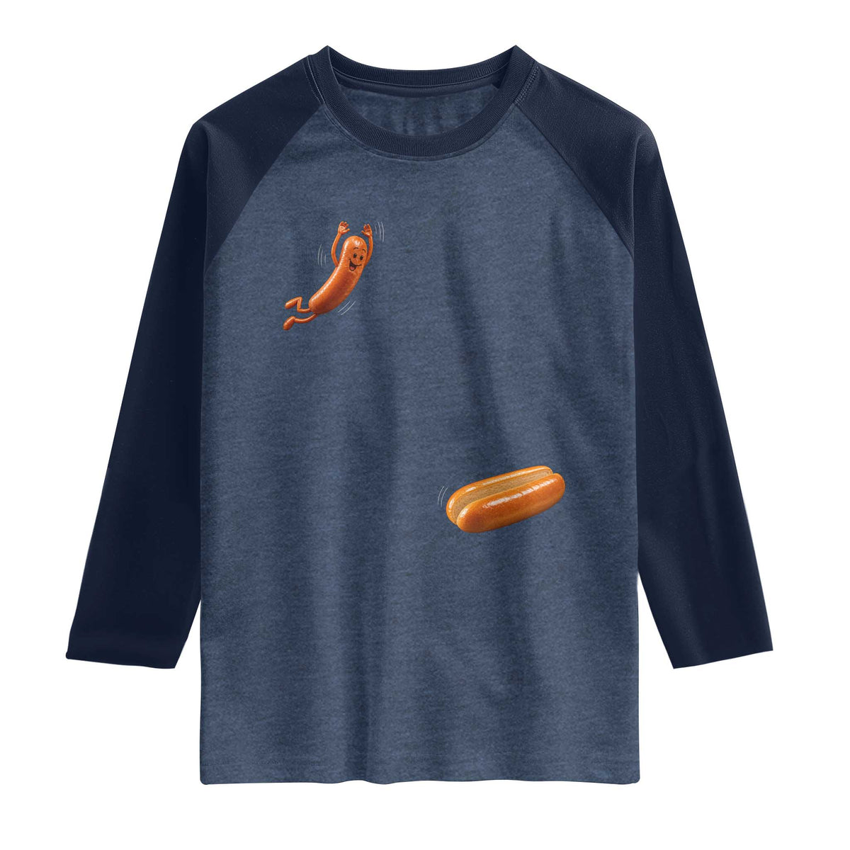 Funny Hot Dog Raglan Shirt Hotdog Jumping Into Bun Sausage BBQ Grilling High Dive TS10 Heather Denim Navy Print Your Wear