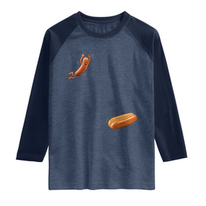 Funny Hot Dog Raglan Shirt Hotdog Jumping Into Bun Sausage BBQ Grilling High Dive TS10 Heather Denim Navy Print Your Wear