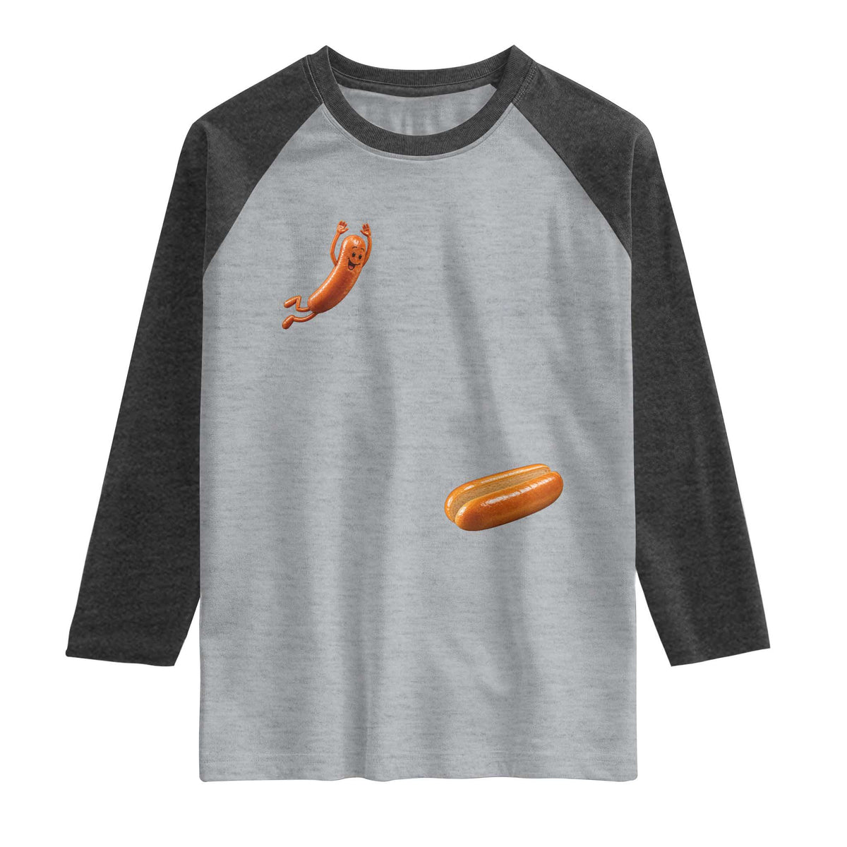 Funny Hot Dog Raglan Shirt Hotdog Jumping Into Bun Sausage BBQ Grilling High Dive TS10 Heather Gray Heather Charcoal Print Your Wear