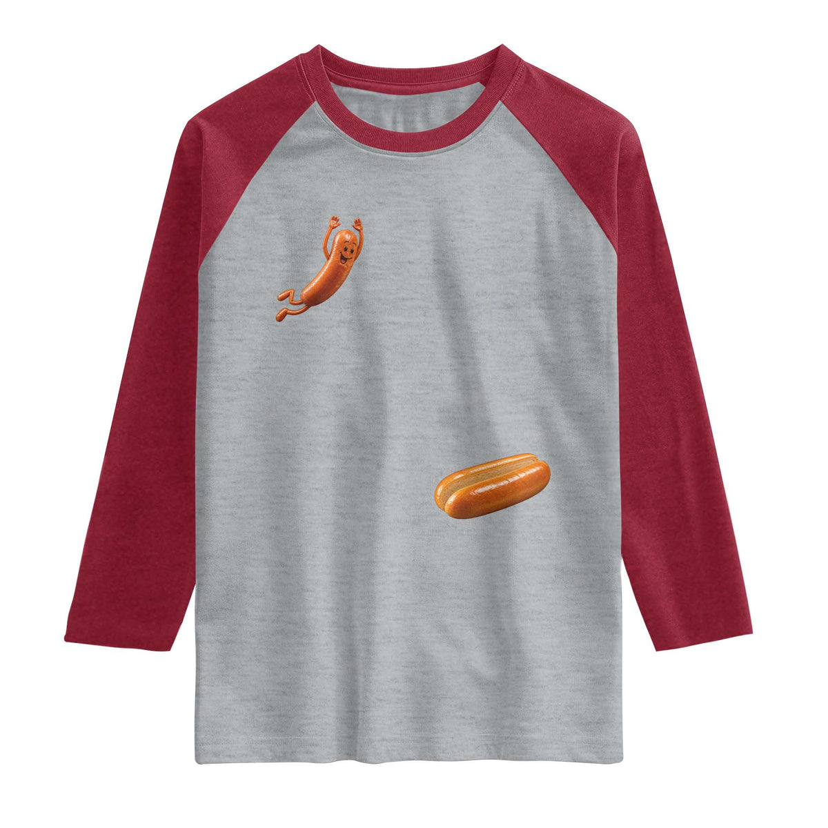 Funny Hot Dog Raglan Shirt Hotdog Jumping Into Bun Sausage BBQ Grilling High Dive TS10 Heather Gray Heather Red Print Your Wear