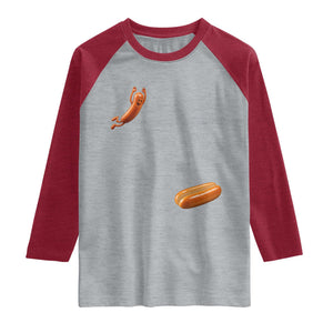 Funny Hot Dog Raglan Shirt Hotdog Jumping Into Bun Sausage BBQ Grilling High Dive TS10 Heather Gray Heather Red Print Your Wear