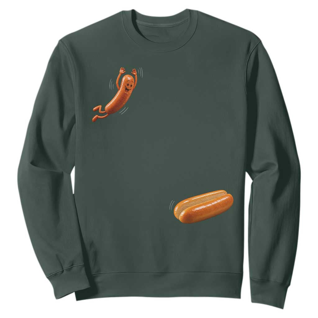 Funny Hot Dog Sweatshirt Hotdog Jumping Into Bun Sausage BBQ Grilling High Dive TS10 Dark Forest Green Print Your Wear