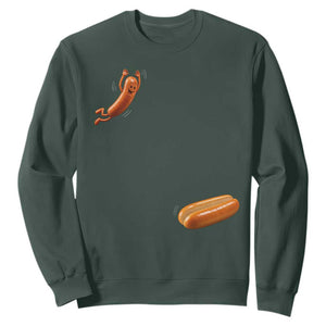 Funny Hot Dog Sweatshirt Hotdog Jumping Into Bun Sausage BBQ Grilling High Dive TS10 Dark Forest Green Print Your Wear