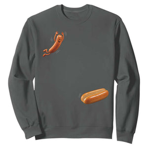 Funny Hot Dog Sweatshirt Hotdog Jumping Into Bun Sausage BBQ Grilling High Dive TS10 Dark Heather Print Your Wear