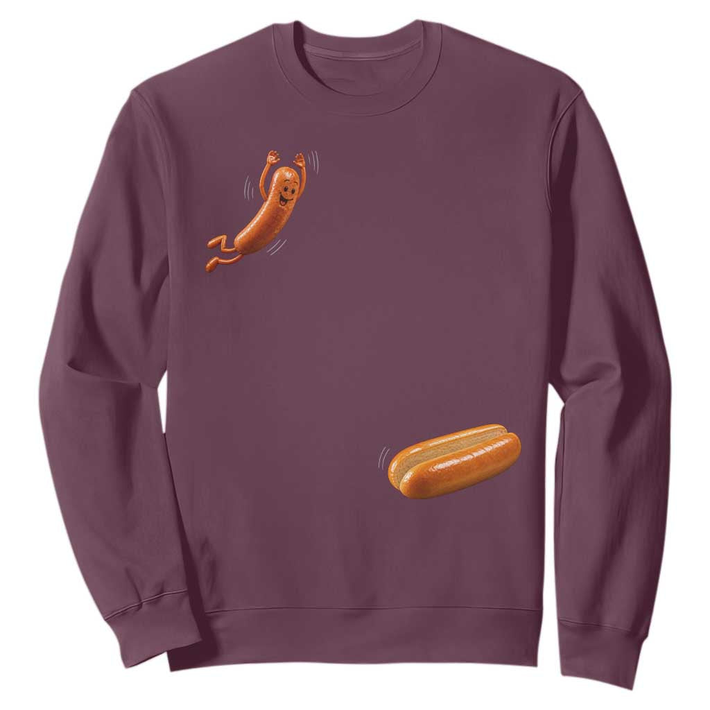 Funny Hot Dog Sweatshirt Hotdog Jumping Into Bun Sausage BBQ Grilling High Dive TS10 Maroon Print Your Wear