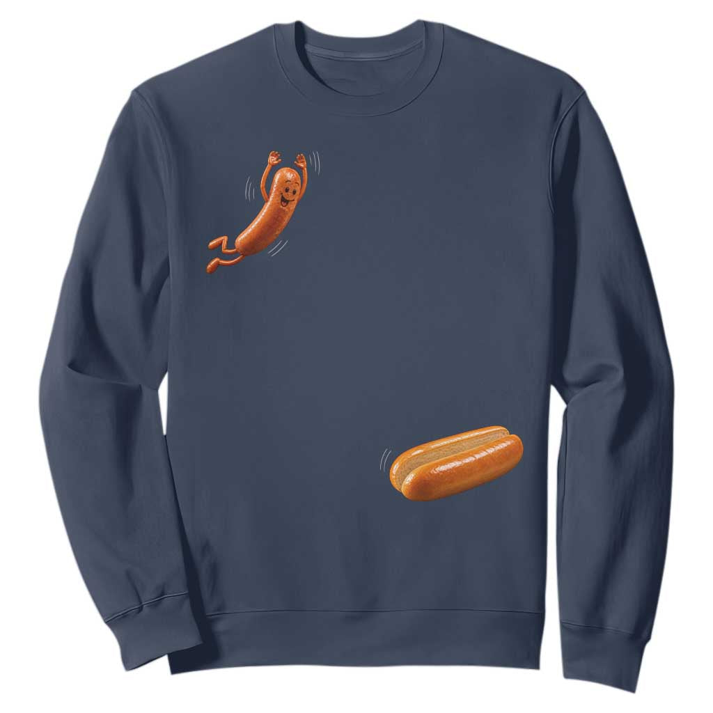 Funny Hot Dog Sweatshirt Hotdog Jumping Into Bun Sausage BBQ Grilling High Dive TS10 Navy Print Your Wear