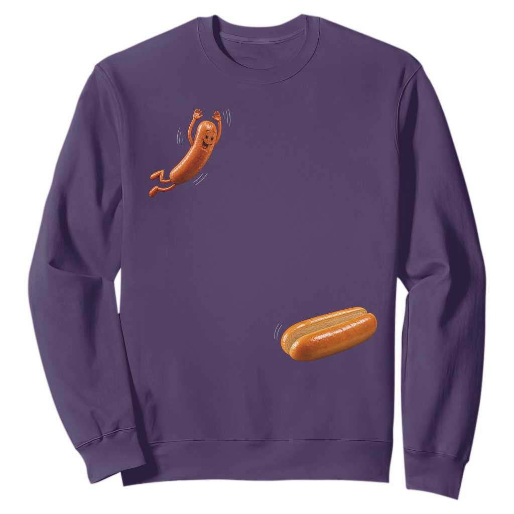 Funny Hot Dog Sweatshirt Hotdog Jumping Into Bun Sausage BBQ Grilling High Dive TS10 Purple Print Your Wear