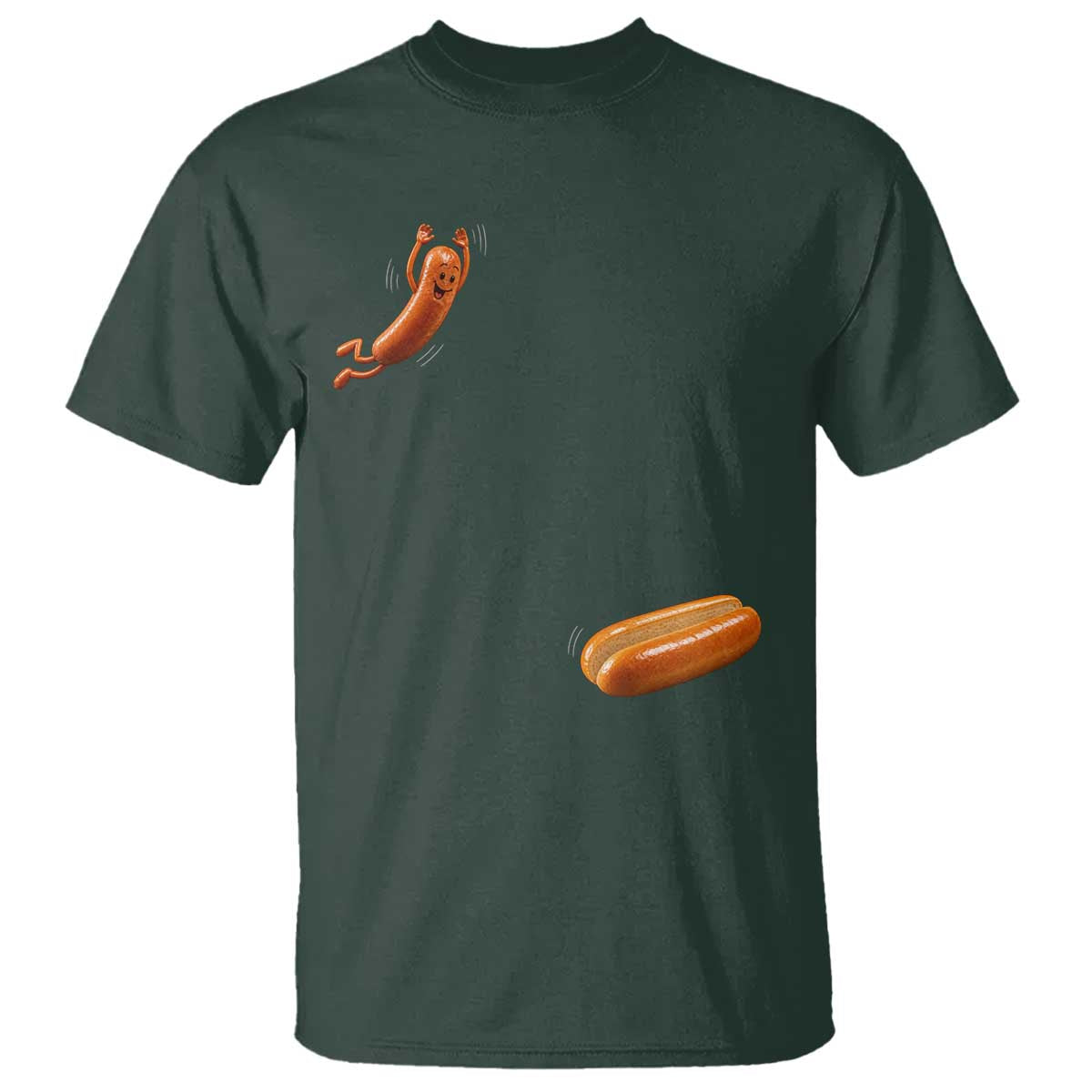 Funny Hot Dog – Hotdog Jumping Into Bun T-Shirt – BBQ Grilling Humor Tee TS10 Dark Forest Green Print Your Wear
