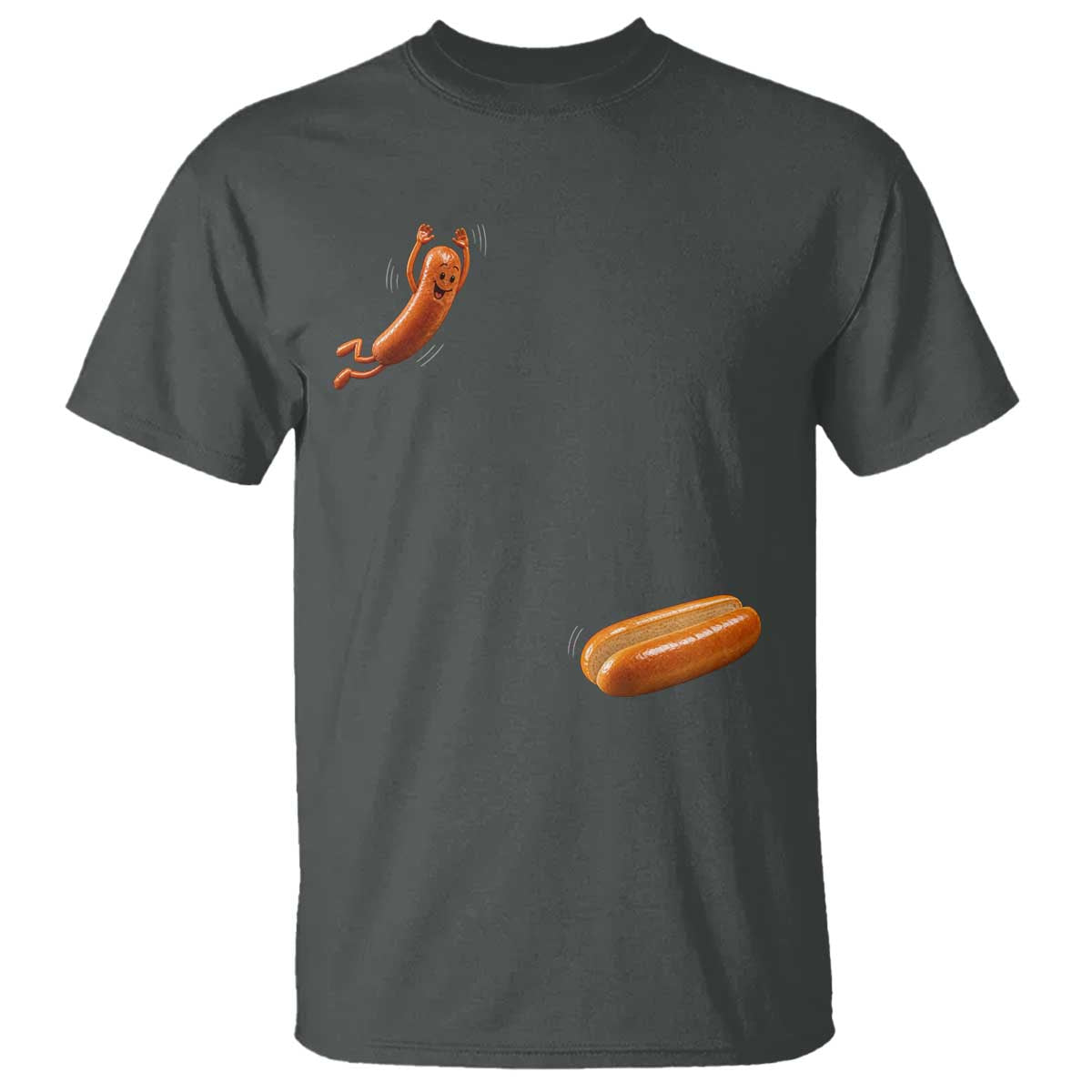 Funny Hot Dog – Hotdog Jumping Into Bun T-Shirt – BBQ Grilling Humor Tee TS10 Dark Heather Print Your Wear