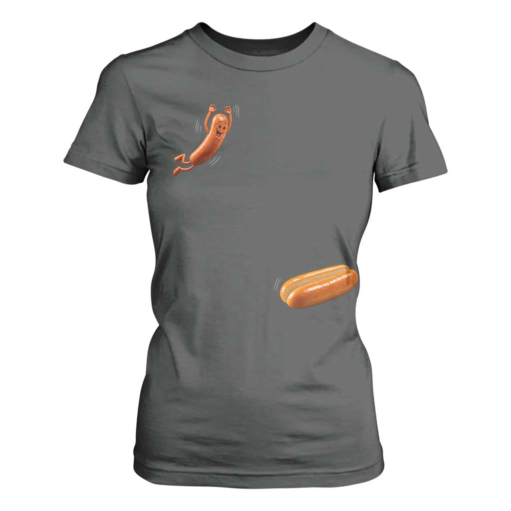 Funny Hot Dog T Shirt For Women Hotdog Jumping Into Bun Sausage BBQ Grilling High Dive TS10 Dark Heather Print Your Wear