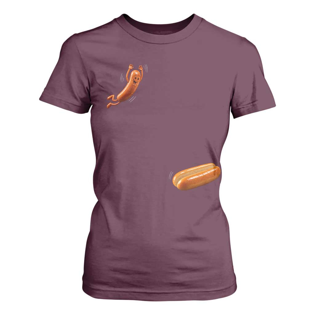 Funny Hot Dog T Shirt For Women Hotdog Jumping Into Bun Sausage BBQ Grilling High Dive TS10 Maroon Print Your Wear