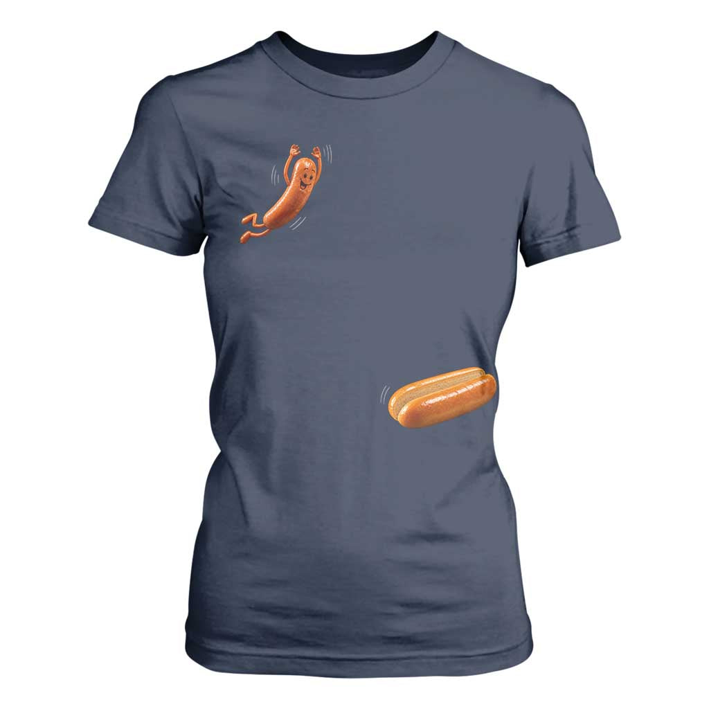 Funny Hot Dog T Shirt For Women Hotdog Jumping Into Bun Sausage BBQ Grilling High Dive TS10 Navy Print Your Wear
