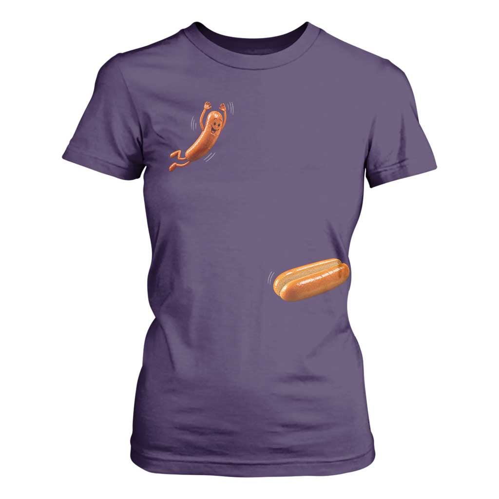 Funny Hot Dog T Shirt For Women Hotdog Jumping Into Bun Sausage BBQ Grilling High Dive TS10 Purple Print Your Wear