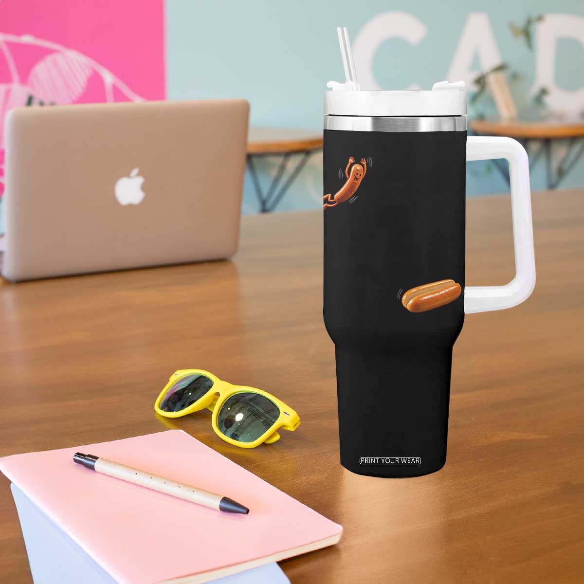 Funny Hot Dog Tumbler With Handle Hotdog Jumping Into Bun Sausage BBQ Grilling High Dive TS10 Print Your Wear
