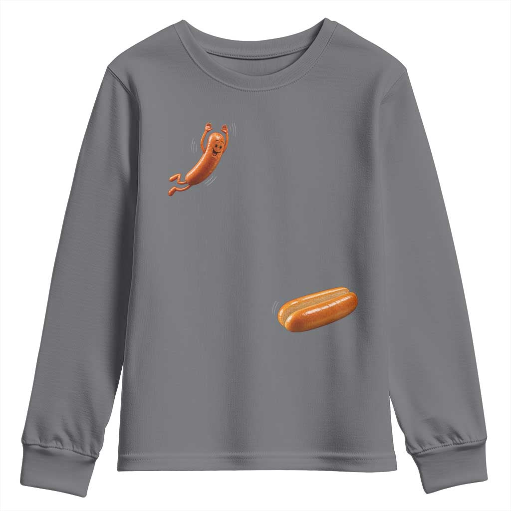 Funny Hot Dog Youth Sweatshirt Hotdog Jumping Into Bun Sausage BBQ Grilling High Dive TS10 Charcoal Print Your Wear