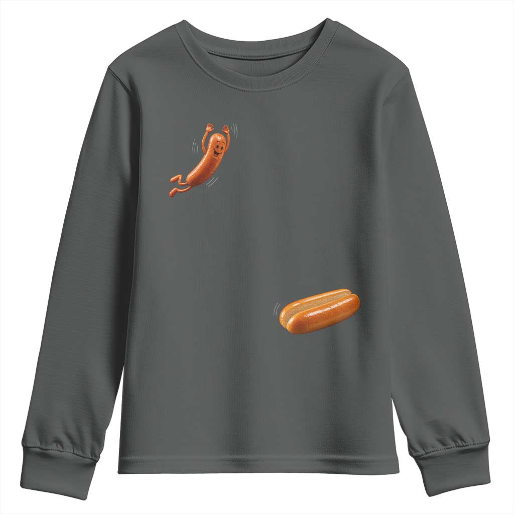 Funny Hot Dog Youth Sweatshirt Hotdog Jumping Into Bun Sausage BBQ Grilling High Dive TS10 Dark Heather Print Your Wear