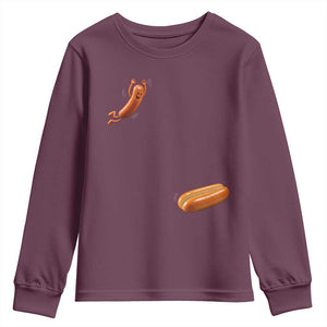 Funny Hot Dog Youth Sweatshirt Hotdog Jumping Into Bun Sausage BBQ Grilling High Dive TS10 Maroon Print Your Wear