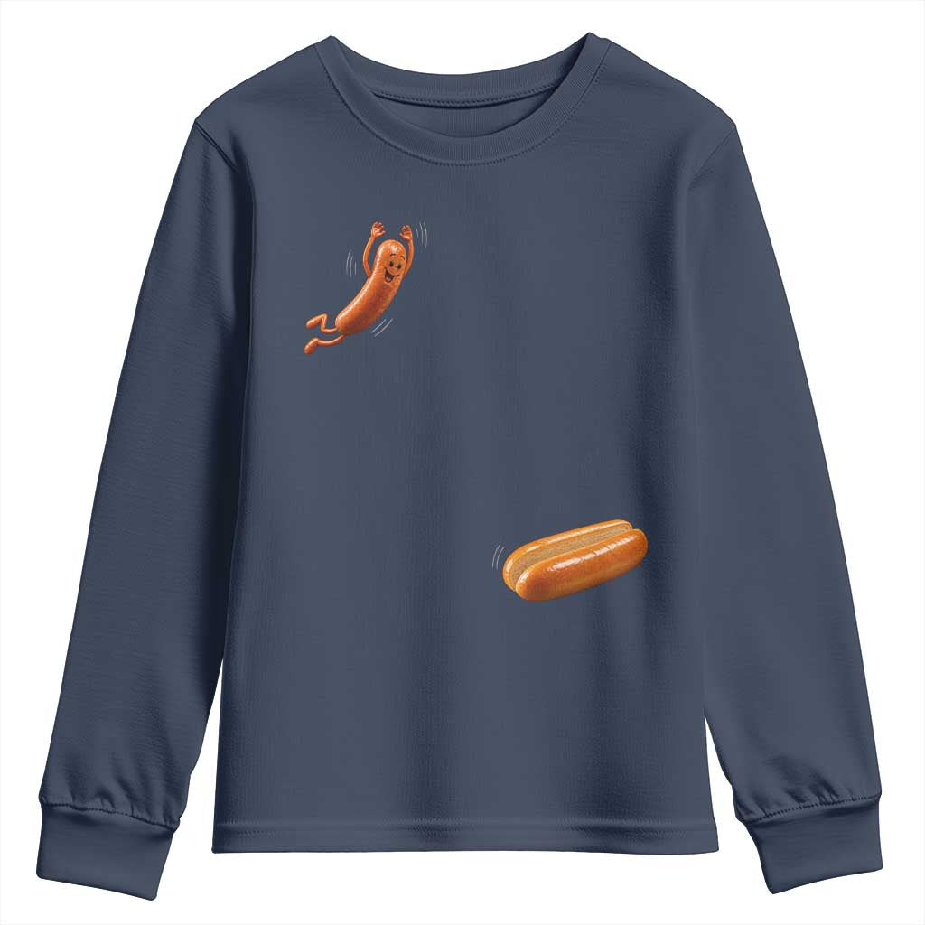Funny Hot Dog Youth Sweatshirt Hotdog Jumping Into Bun Sausage BBQ Grilling High Dive TS10 Navy Print Your Wear