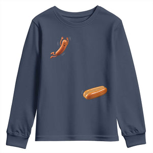 Funny Hot Dog Youth Sweatshirt Hotdog Jumping Into Bun Sausage BBQ Grilling High Dive TS10 Navy Print Your Wear