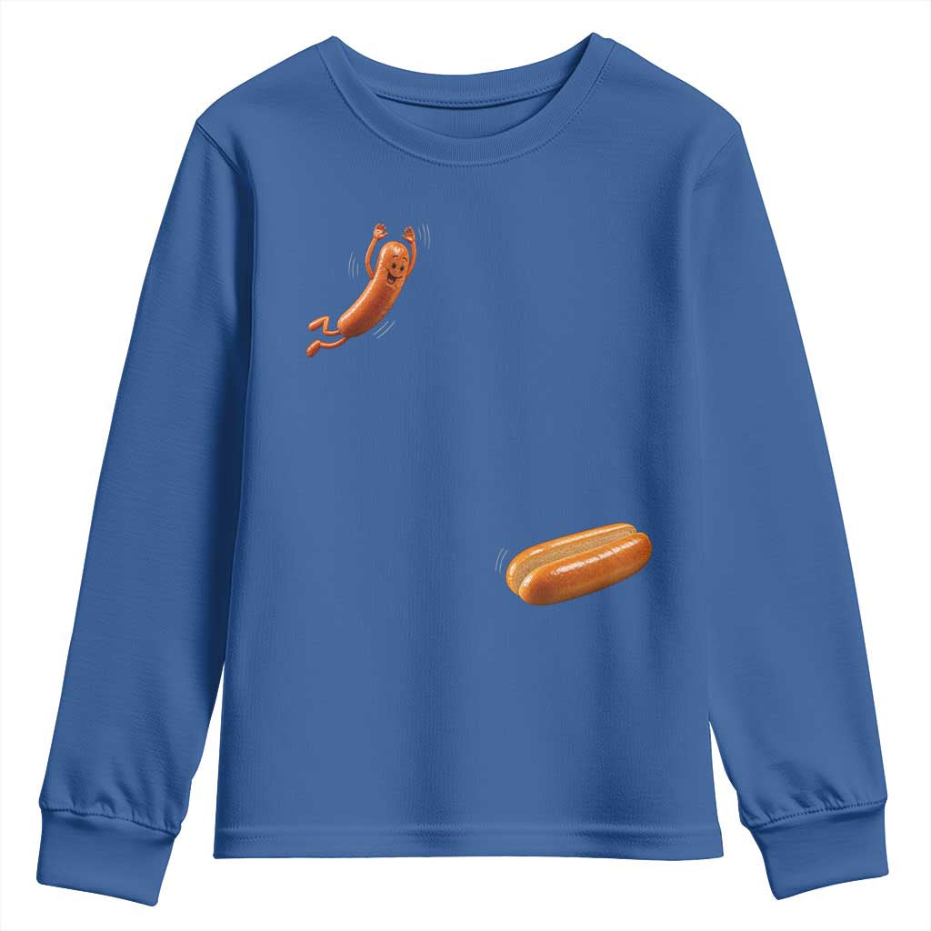 Funny Hot Dog Youth Sweatshirt Hotdog Jumping Into Bun Sausage BBQ Grilling High Dive TS10 Royal Blue Print Your Wear