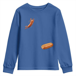 Funny Hot Dog Youth Sweatshirt Hotdog Jumping Into Bun Sausage BBQ Grilling High Dive TS10 Royal Blue Print Your Wear