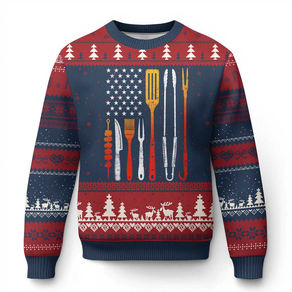 Bbq Smoker Ugly Christmas Sweater Barbecue Chef Smoking Tools Grilling Pit Master USA Flag TS10 Navy Red Print Your Wear