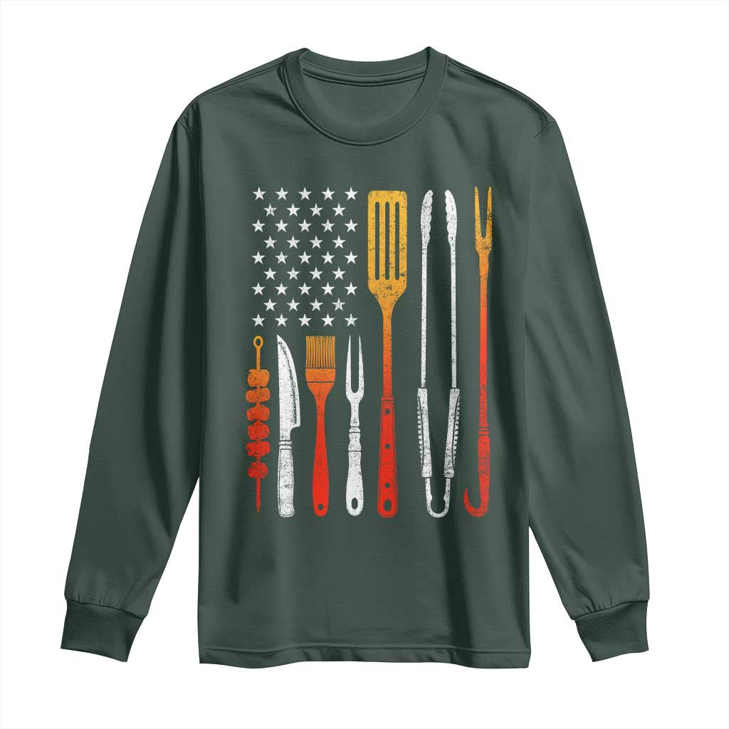 Bbq Smoker Long Sleeve Shirt Barbecue Chef Smoking Tools Grilling Pit Master USA Flag TS10 Dark Forest Green Print Your Wear
