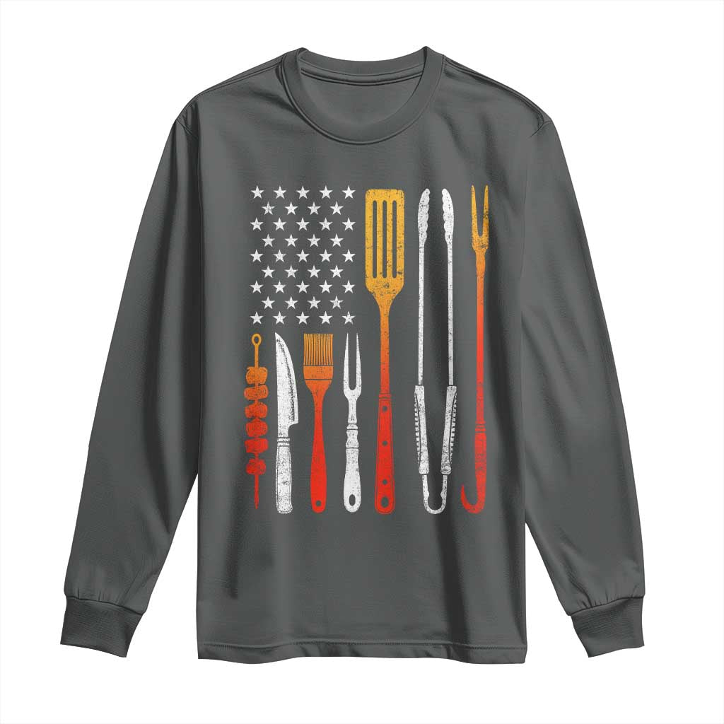 Bbq Smoker Long Sleeve Shirt Barbecue Chef Smoking Tools Grilling Pit Master USA Flag TS10 Dark Heather Print Your Wear